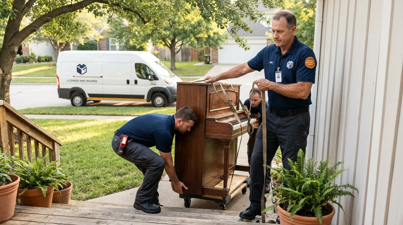 Licensed piano movers securing grand piano in North Berwick, ME