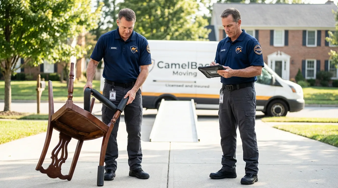 Movers inspecting furniture for damage prevention before loading in North Berwick, ME