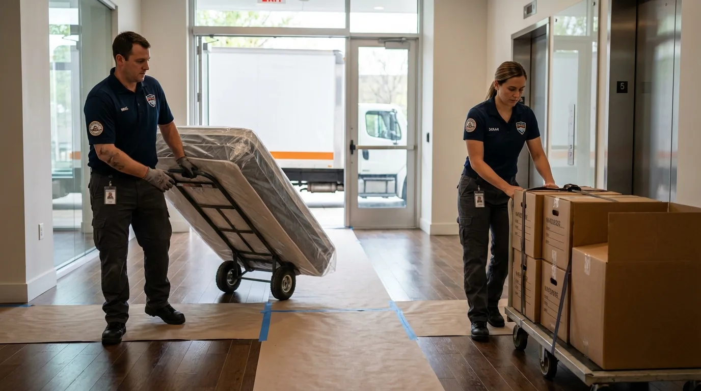 Professional apartment movers loading elevator in North Berwick, ME